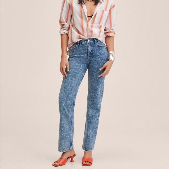 MANGO Denim Mid-rise Paisley straight-leg jeans - Picture 1 of 11